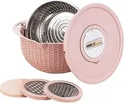 Stainless Steel Pink Kitchen Strainer Set with Straining Bowl, Pasta Filter, and Rotating Colander - Multi-Functional Food Filter and Skimmer for Salad, Rice, Pasta