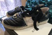 Stylish! GUCCI GG Marmont Pilar Espadrille Mule IT 37.5/US 7.5 Black GG Logo NIB