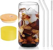 DAMCONME Glass Cups with Lids and Straws 1Pcs, Iced Coffee Cup with Lid, Smoothie Cup, Cocktail Glasses for Whiskey, Soda, Matcha, Juice – 20 Oz with Bamboo Lid, 2 Straws, 1 Brush, Bright Yellow