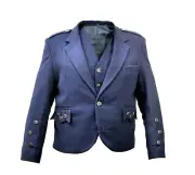 Men's Navy Blue Wool Kilt Jacket With Waistcoat Argyle Wedding Jacket