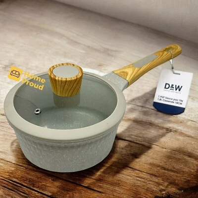 D&W Saucepan Casserole Pot NonStick With Lid 7 inch Small StockPot 1.9 Qt Beige