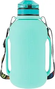 Water Bottle 2L/64oz Sport Water Bottle with Water Measurement Mark and Time Mark Foldable Water Bottle with Strap Handle BPA Silicone Water Bottle with Detachable Straw(Emerald)