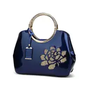 Nevenka Women Handbag Leather Flower Pattern Satchel Charm Glossy Metal Grip Shoulder Bag-DarkBlue
