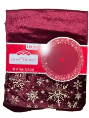 Christmas Tree Skirt 48" Burgundy Velvet Gold Colored Snow Flakes