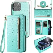 Phone Case for iPhone 13 Pro Max 2021 6.7 inch Zipper Wallet Detachable Cell Cover with Screen Protector Crossbody Lanyard Strap Bling iPhone13promax 5G i Phone13Max Plus iPhone13 ProMax Women Green