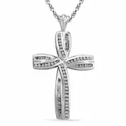 0.5 CT. T.W. Round and Baguette Natural Diamond Cross Pendant in Sterling Silver