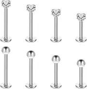 [AOZUO] 8Pcs Stainless Steel Lip Studs, 6-12mm Silver Labret Bars Nose Studs Piercing Jewelry Tragus Helix Cartilage Rhinestone Lip Studs Crystal Ball Earrings for Women Men