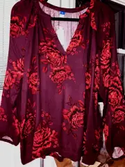 NWT XL OLD NAVY BURGUNDY FLORAL 100% RAYON LONG SLEEVES MADE IN INDIA TOP