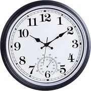 QWARVEL 16 Inch Large Outdoor Clock, Retro Waterproof Indoor/Outdoor Clock Non-Ticking Clock with Thermometer, Battery Operated Wall Clock for Patio, Garden, Pool - Black