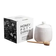 BUSHWICK KITCHEN White Ceramic Honeypot Jar with Lid & Wooden Dipper 14 oz NEW!