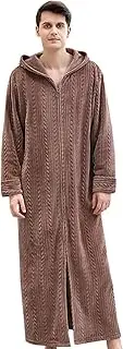 [Elonglin] Bathrobe Hooded, Unisex Full Zip Flannel Fleece Full Length Fluffy Towelling Dressing Gowns Thickened Housecoat Sleepwear Large Size Nightwear Robe