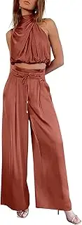 [NOLLSOM] Women Casual Summer Satin Two Piece Outfit 2023 Sleeveless Mock Neck Tank Crop Tops Wide Long Pants Lounge Set
