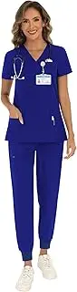 [ANDERE ARTE] Scrubs for Women Set Stretch V-Neck Scrub Tops & Jogger Pants Medical Nurse Uniform with 8 Pockets
