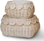 Hand Woven Rattan Basket Set - 15x10x6 Inch - Small Scalloped Baskets - Round Wicker Basket - Wicker Storage Basket - Rattan Basket With Lid (Natural)