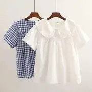 Short-Sleeve Peter Pan Collar Babydoll Top Gingham - Blue - M