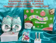 SQUISHMALLOW ADVENT CALENDAR & GIFT BUNDLE SLIPPERS TRADING CARDS & SWIRL POPS
