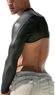[LinvMe] Men's Sexy Faux Leather Mesh Bodysuit Catsuit Long Sleeve DJ Club Wear S Black