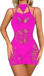 [Zylphorix] Women's Mesh Hollow Out Lingerie Dress One Piece Babydoll Fishnet Nightdress Lace Mesh Strap Bodysuit Nightwear