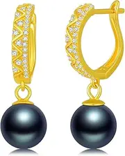 [EKJQB] Real Sterling Silver Tahitian Pearl Hoop Earrings for Her, S925 Silver 9-10MM Tahitian Black Pearl Dangle Earrings with Moissanite for Women Valentines Day, Medium, Sterling Silver, Pearl