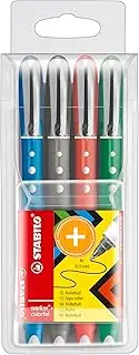 STABILO Rollerball worker+ colorful - Pack of 4 - Green, Red, Blue, Black, 0.5 mm Medium Tip, Non-Slip Grip, Smooth Writing