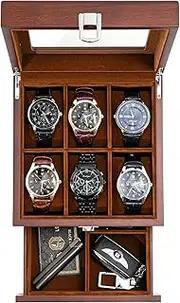 ProCase 6 Slots Lacquered Finish Wooden Watch Box for Men, Men’s Watch Organizer with Glass Top, 2-Tier Display Case for Wristwatch Storage -Espresso