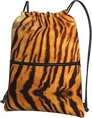 EdWal Tiger Striped Pattern Print Drawstring Backpack Gym Bags Sports Bags With Zipper Pocket For Travel Beach, Black, One Size