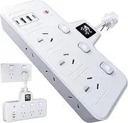 Power Board USB with Individual Switch - 10in1 Surge Protector Powerboard with 6 Outlets, 2 USB C& 2 USB, 2400W Surge Protection Power Strip, Short Flexible Cable and Overlord Switch for Home & Office