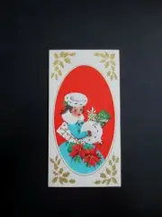 Vintage Unused Gold Embossed Xmas Greeting Card Pretty Lady w/ Fur Muff & Gifts