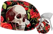 [WOSHJIUK] Working Hat 2 Pack Scrub Caps for Women,Halloween Skull red Rose,Tie Back Cap Adjustable Scrub Hat