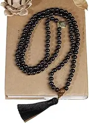 [HXSCOO] 8mm Ebony Beaded Knotted Necklace Black Tassel Meditation Yoga Blessing Jewelry 108 Mala Rosary