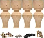 8 inch / 20cm Wooden Furniture Legs, La Vane Set of 4 Solid Wood Carved Geometry Unfinished Replacement Bun Feet with Mounting Plate & Screws for Sofa Cabinet Couch Table TV Stand