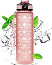 Sports Water Bottle 1 L with Straw,Motivational Drinks Bottle with Time Markings , 30oz Leakproof Design Gym Waterbottle for adults 1 litre ,Hiking,Fitness,Outdoor,Cycling,School & Office, Pink