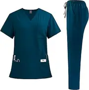 [niaahinn] Scrubs for Women Set - Stretch Scrub Top & Cargo Pants with Multi Pocket