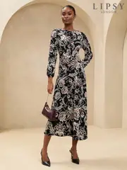 Lipsy Black Long Sleeve Printed Jersey Underbust Midi Dress (AK1647) | $83