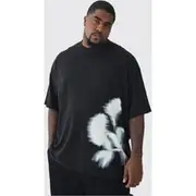 Mens Black Plus Oversized Extended Neck Blurred Floral T-Shirt
