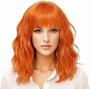 12 Inch Ginger Wig with Bangs for Women- Short Curly Light Bob Wig Shoulder Length Synthetic Wave Wigs for Women Girl Costume Halloween Wig