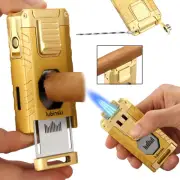 Gold 3 Jet Flame Torch Cigar Lighter Guillotine Cutter Punch Holder Needle Gift