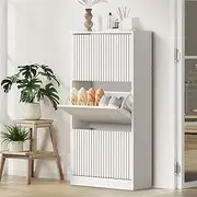 Oikiture Shoe Rack Storage Cabinet 3 Compartments White