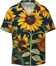 [YANYU] Wild Flower Sunflower Print Hawaiian Shirts Men Short Sleeve Button Down Cuban Collar Shirt Summer Beach Days