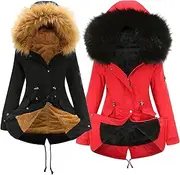 [JEShifangjiusu] Women Wool Lined Military Jacket With Fur Hood 2 Winter Clothing Mid - Long Thick Sherpa Thermal Coat Anoraks, Color 3, XXL