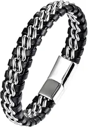 [BOSUGE] Charming Bracelet， Mens Womens Black Braided Leather Bracelet Wrap Wristband Inlaid with Twist Chain, Magnetic Clasp (Size : 21CM) (Color : Black)