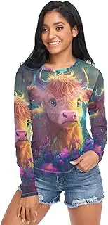 [RPLIFE] Cute Highland Cow Flowers Field Womens Mesh Top, Womens Sheer Tops S-XXL