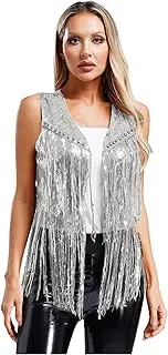 [FEESHOW] Women's Sequins Fringe Vest Sleeveless Western Cowgirls Rivets Waistcoat Open Front Sparkle Cardigan