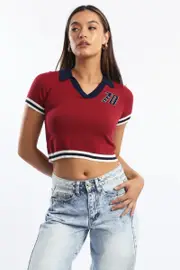 Red Knit Top Short Sleeve Collared - Size 14L, Women's Crop Knitted