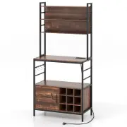 Costway170 cm Bakers Rack with Power Outlet and S-Shaped Hooks-Rustic Brown