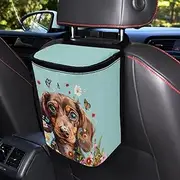 Talayituse Dachshund Butterfly Daisy Print Car Trash Can Accessories Organizer Garbage Bag Dustbin Container with Lid Waste Basket Storage Pocket Hanging Large Size Vehicle Trash Bin