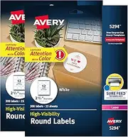 Avery High Visibility Printable Round Labels with Sure Feed, 2.5" Diameter, White, Laser Printer, 300 per Pack, 2 Packs, 600 Customizable Blank Labels Total (45294)