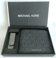 NIB NEW MICHAEL KORS MK LOGO MENs BLACK WALLET + GUN METAL MONEY CLIP $98 MSRP