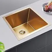Brushed Gold Kitchen Sink 304 Stianless Steel Single Bowl Sink Utility Handmade Square Kinchen Bar Sink w/Waste Strainer Top/Flush/Under Mount AU Standard 440 x 440 x 205mm