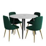 5 Piece Round Marble Style Dining Table and Green Velvet Chair Set